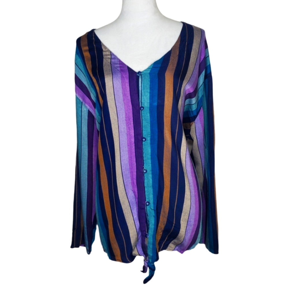 🦋Como Blu Plus Size Tie Front Jewel Toned Vertical Stripe Top